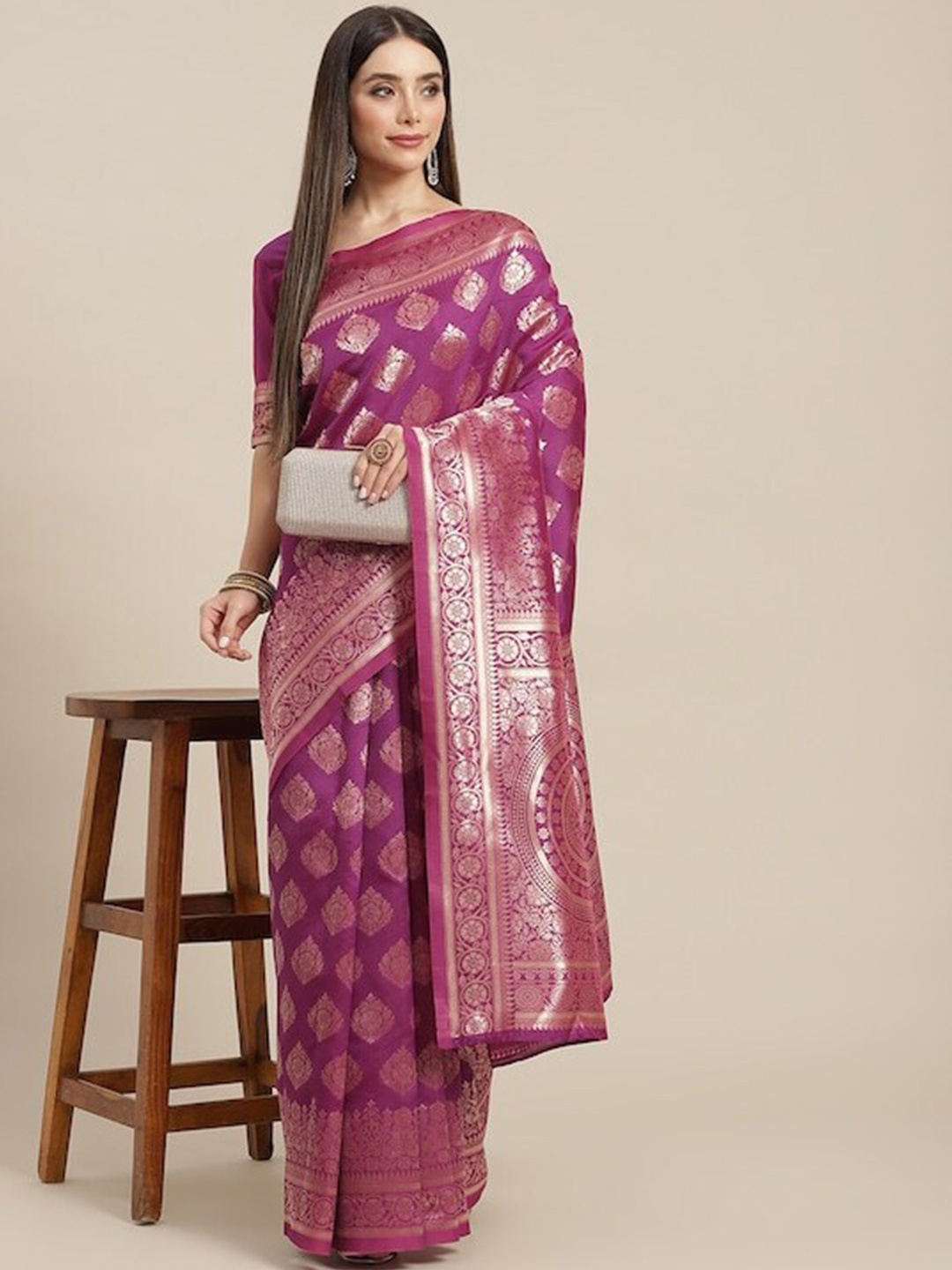 

DIVASTRI Ethnic Motifs Zari Silk Blend Designer Banarasi Saree, Purple