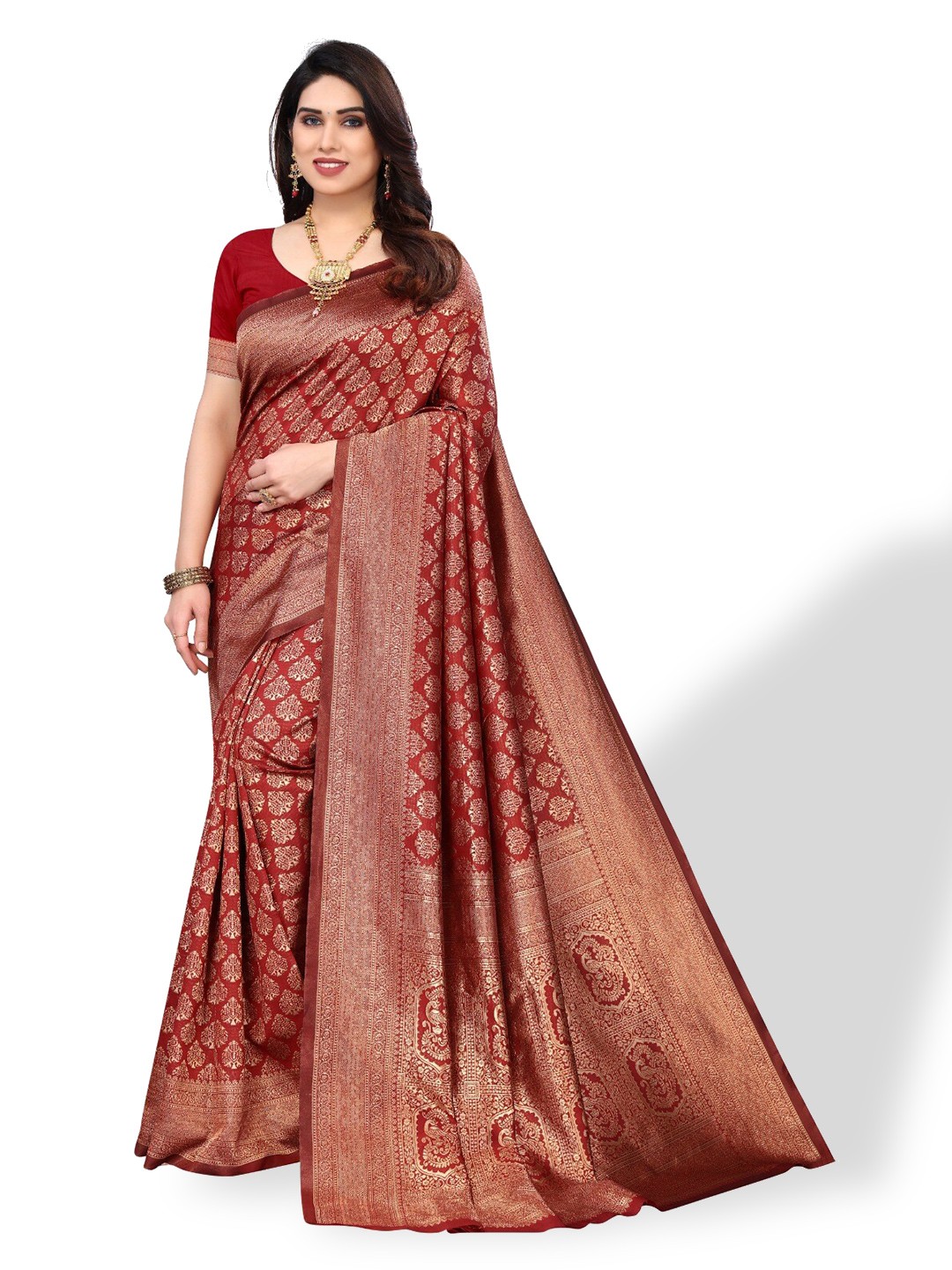 

DIVASTRI Ethnic Motifs Woven Design Zari Silk Cotton Banarasi Saree, Red