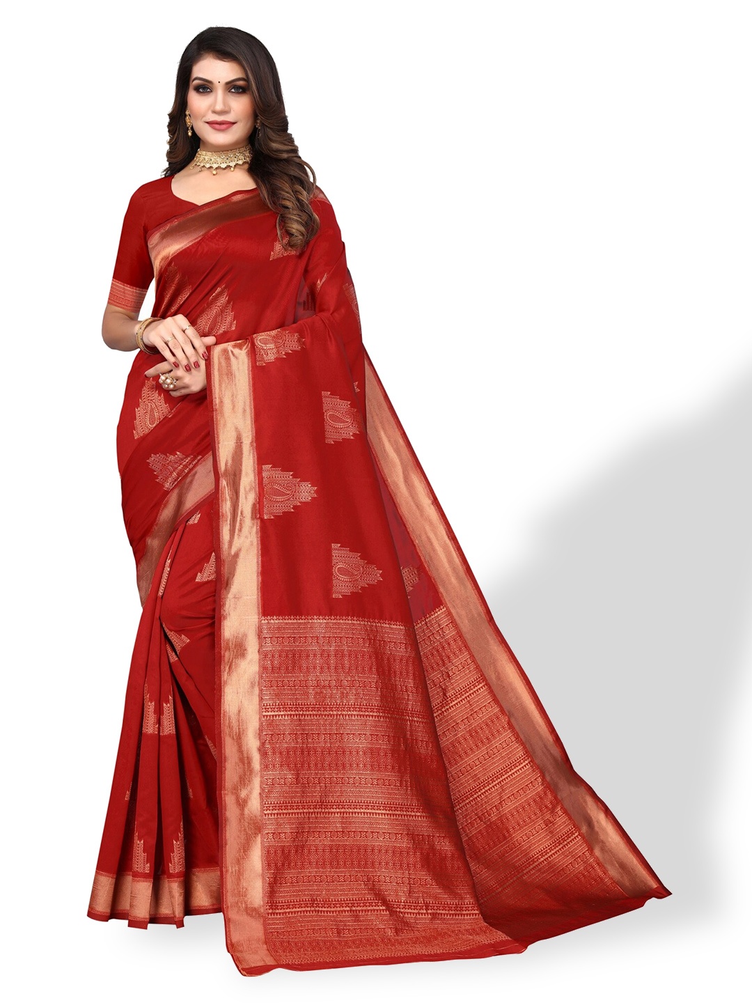 

DIVASTRI Paisley Woven Design Zari Silk Cotton Banarasi Saree, Red