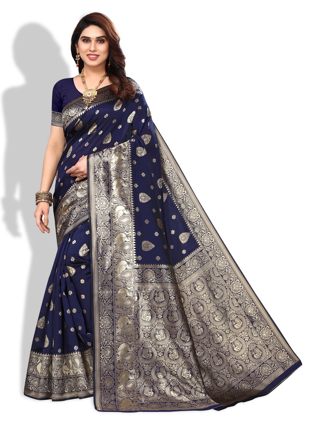 

DIVASTRI Woven Design Zari Silk Blend Banarasi Saree, Blue