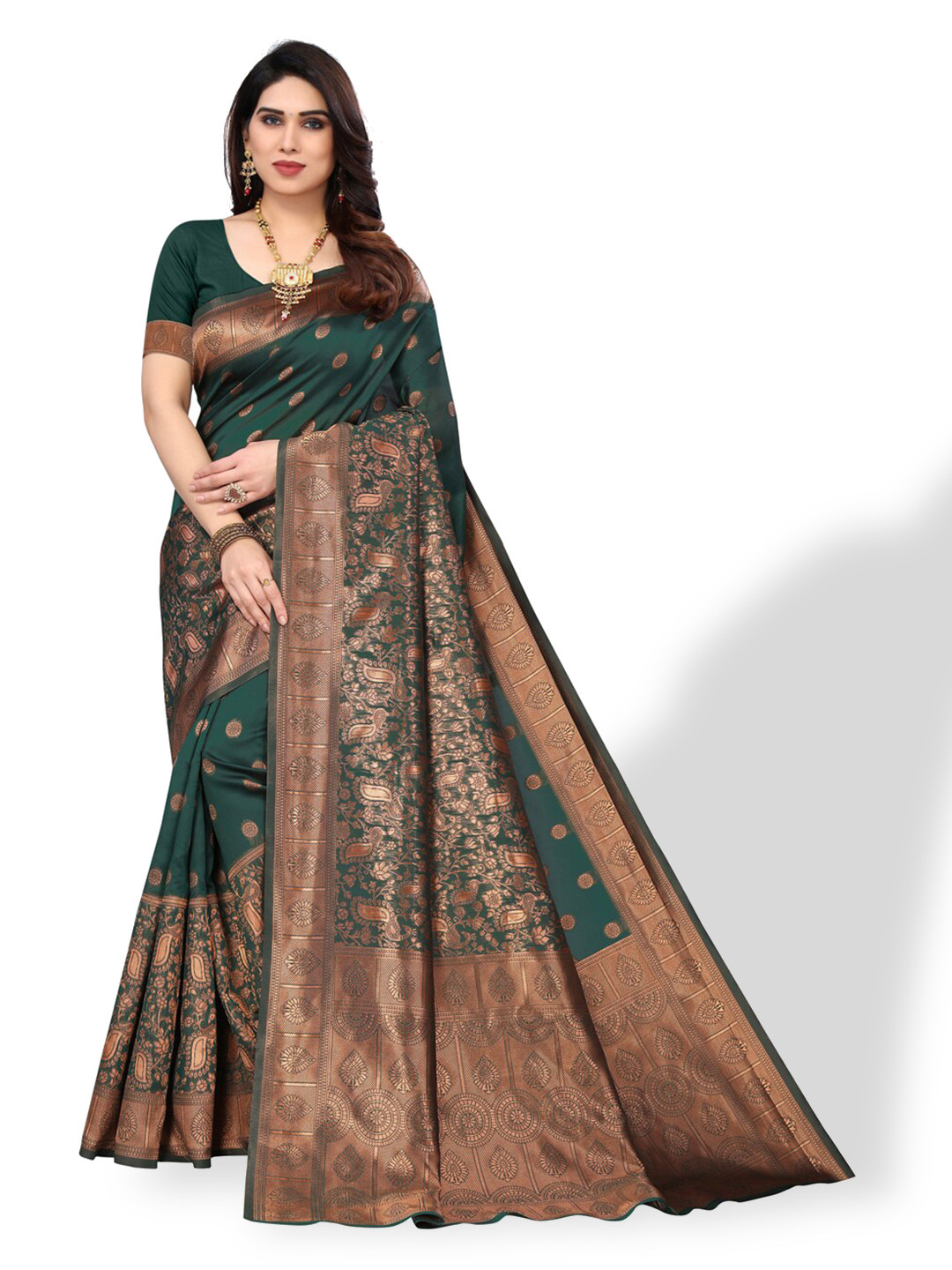 

DIVASTRI Ethnic Motifs Woven Design Zari Banarasi Saree, Green