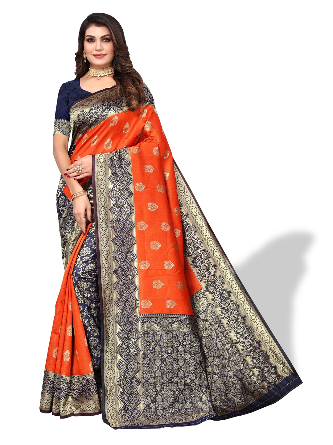 

DIVASTRI Ethnic Motifs Woven Design Zari Banarasi Saree, Orange