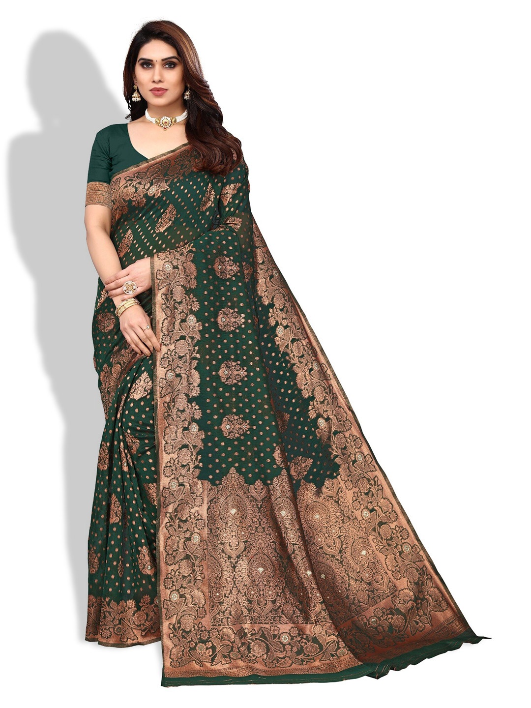 

DIVASTRI Ethnic Motif Woven Design Zari Silk Cotton Banarasi Saree, Green
