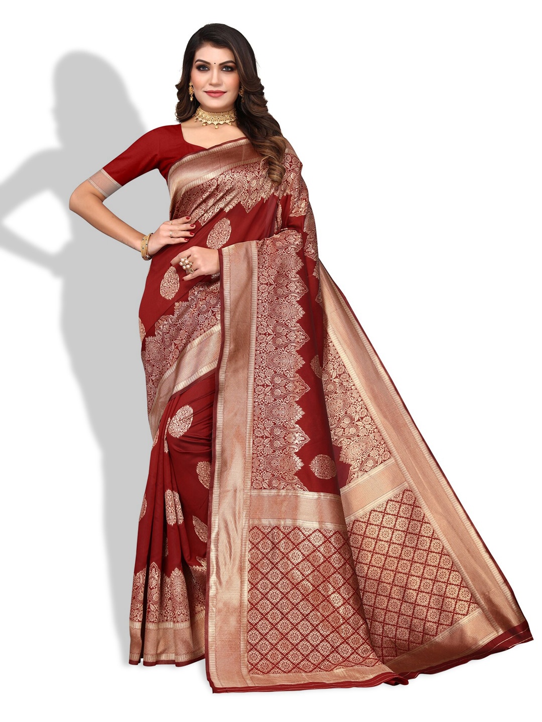 

DIVASTRI Floral Woven Design Zari Silk Cotton Banarasi Saree, Maroon