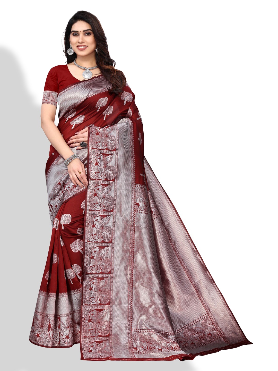 

DIVASTRI Woven Design Zari Silk Blend Banarasi Saree, Red
