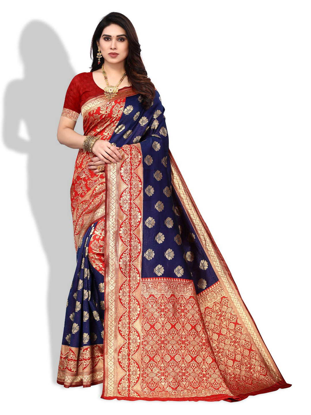 

DIVASTRI Ethnic Motifs Woven Design Zari Silk Cotton Banarasi Saree, Navy blue
