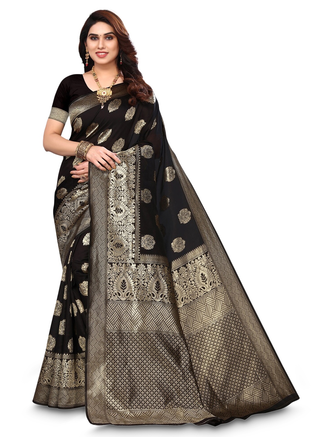 

DIVASTRI Ethnic Motifs Woven Design Zari Silk Cotton Banarasi Saree, Black