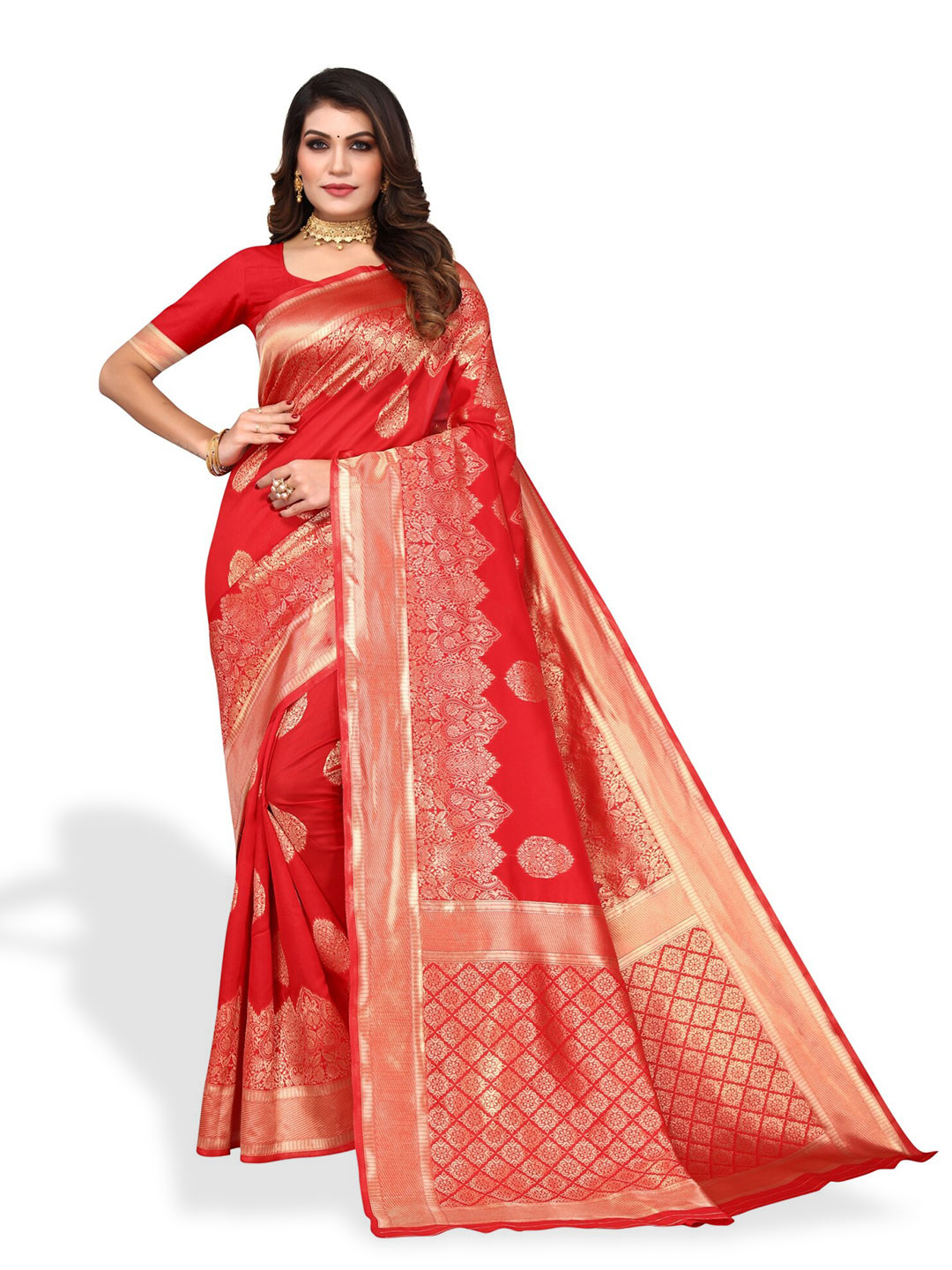 

DIVASTRI Ethnic Motif Woven Design Zari Silk Cotton Banarasi Saree, Red