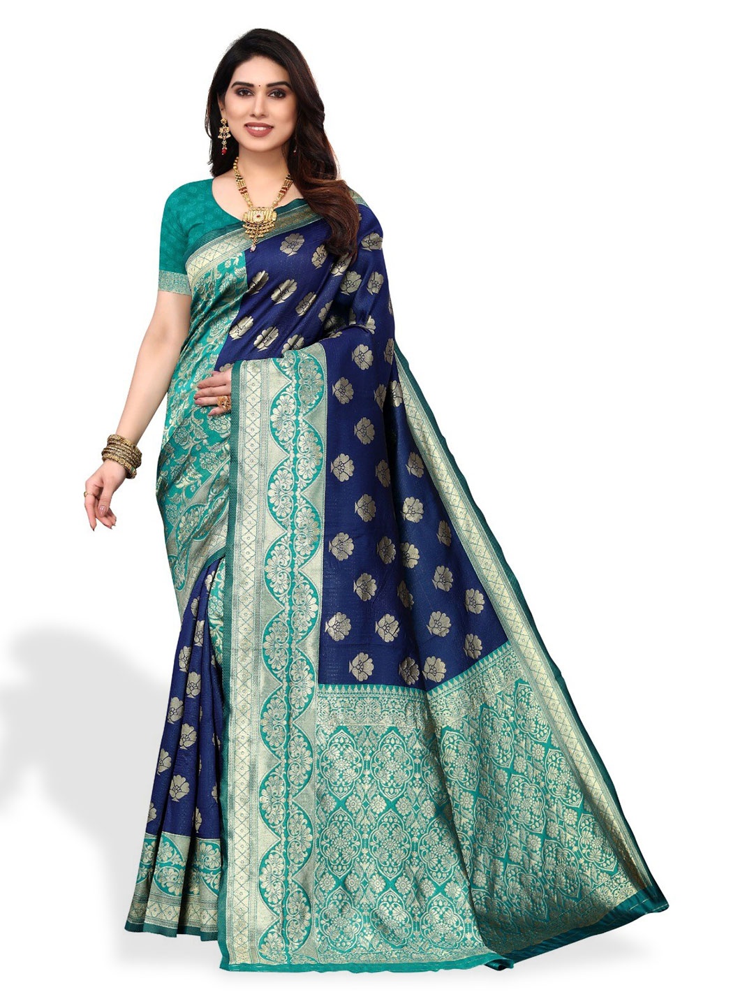 

DIVASTRI Woven Design Zari Silk Cotton Banarasi Saree, Navy blue