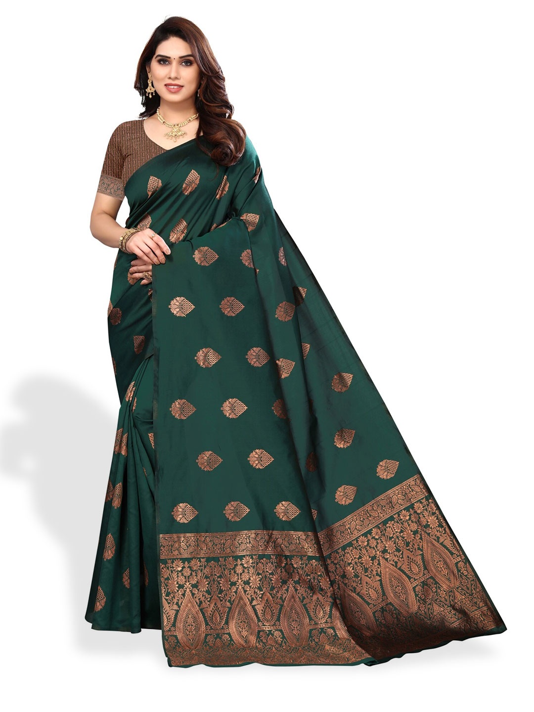 

DIVASTRI Ethnic Motif Woven Design Zari Silk Cotton Banarasi Saree, Green