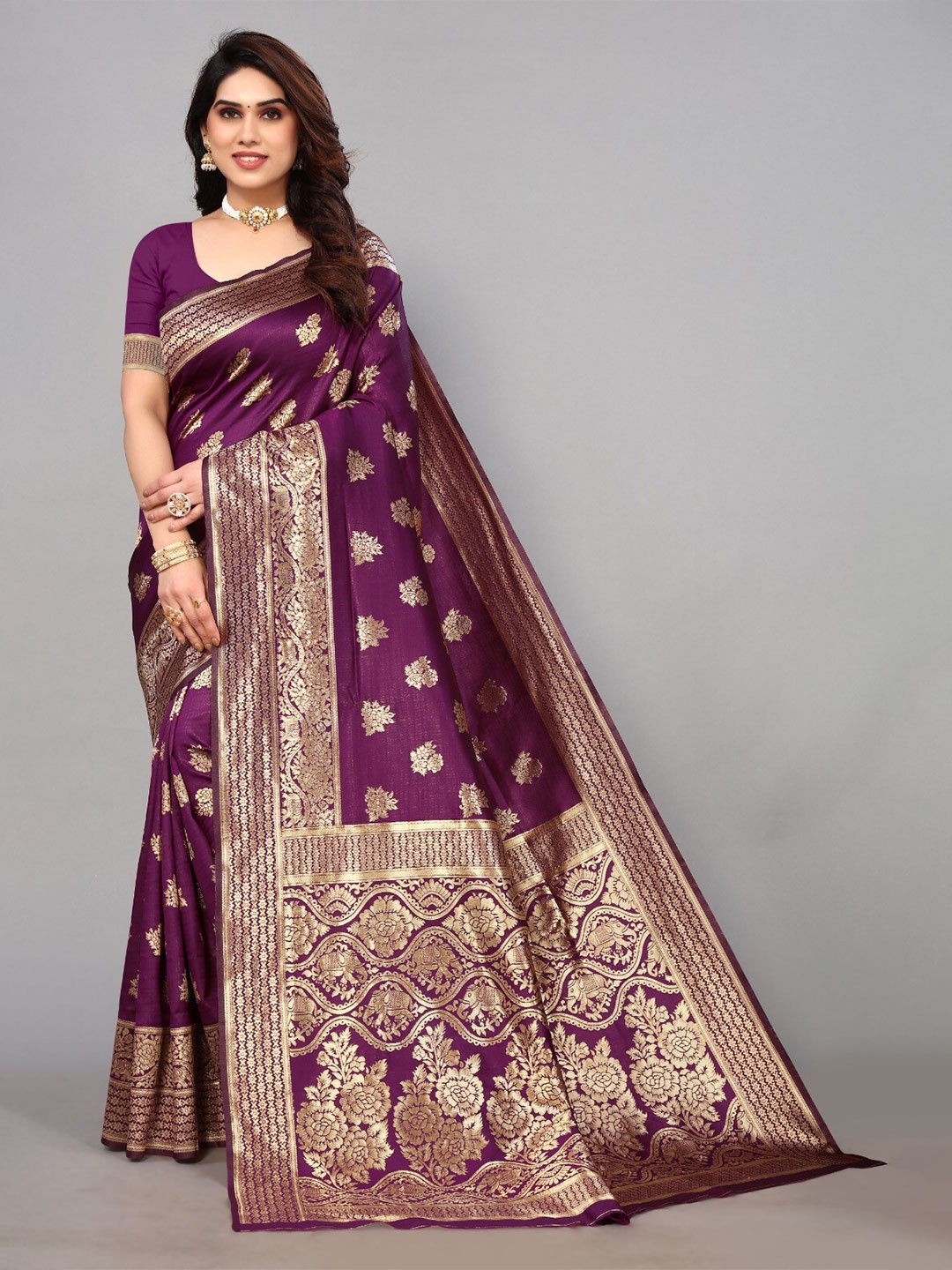 

DIVASTRI Woven Design Zari Silk Cotton Banarasi Saree, Purple