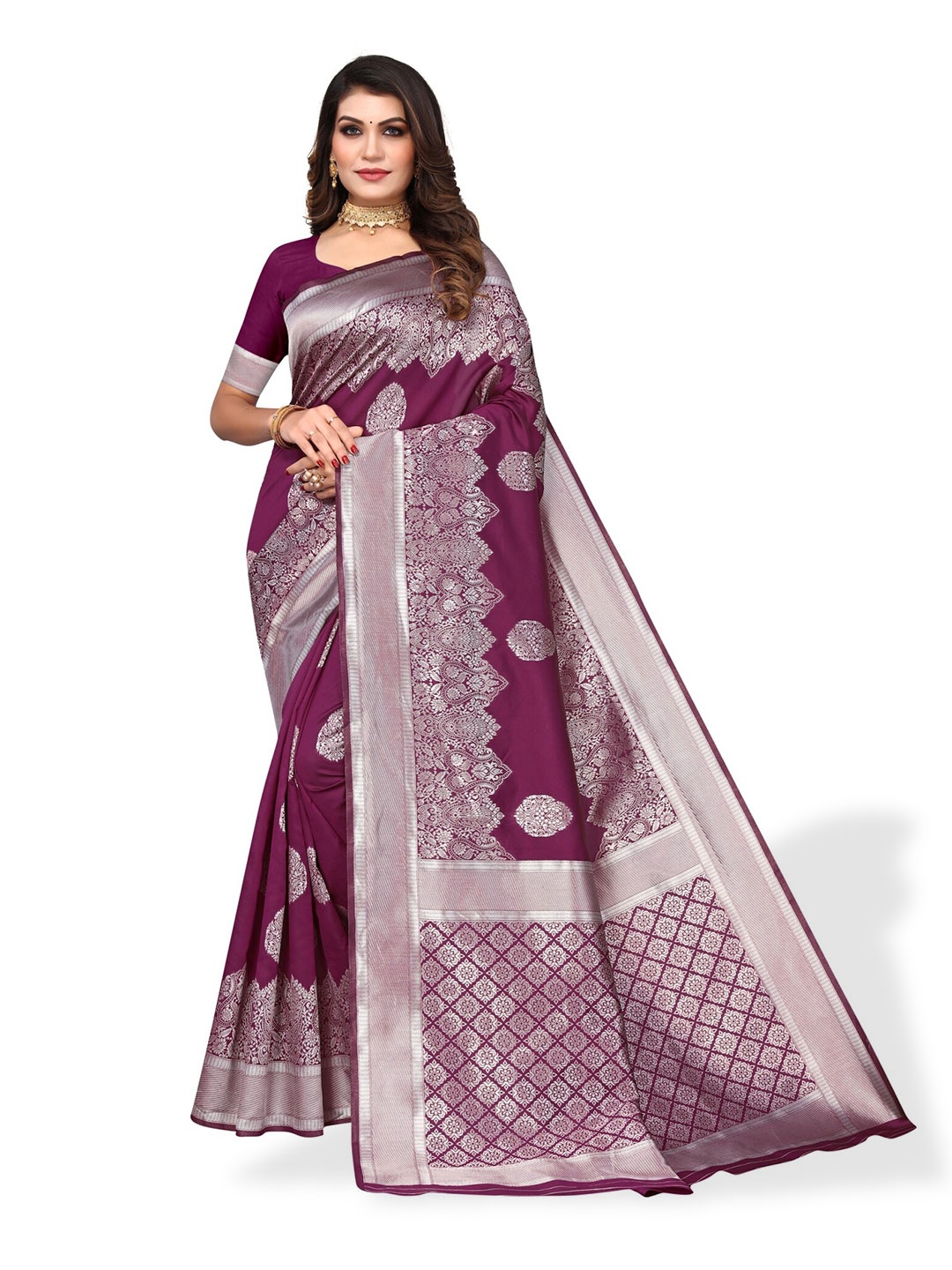 

DIVASTRI Ethnic Motifs Zari Silk Blend Banarasi Saree, Purple