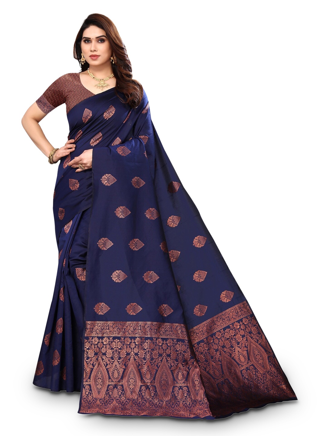 

DIVASTRI Woven Design Zari Silk Blend Banarasi Saree, Navy blue