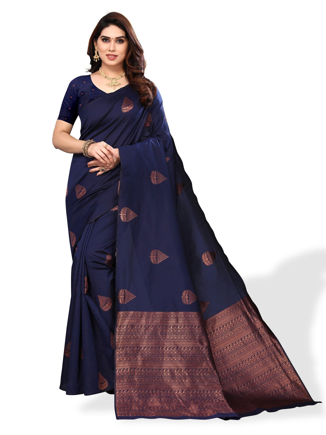 

DIVASTRI Woven Design Zari Silk Cotton Banarasi Saree, Navy blue