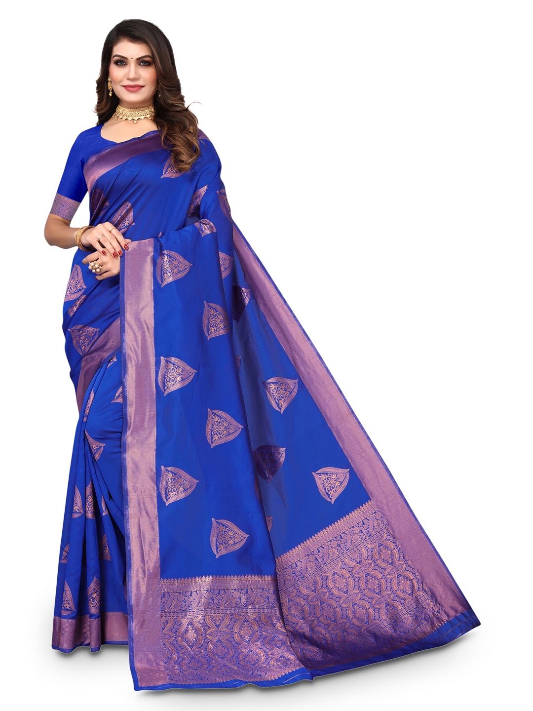 

DIVASTRI Ethnic Motifs Woven Design Zari Silk Cotton Banarasi Saree, Blue