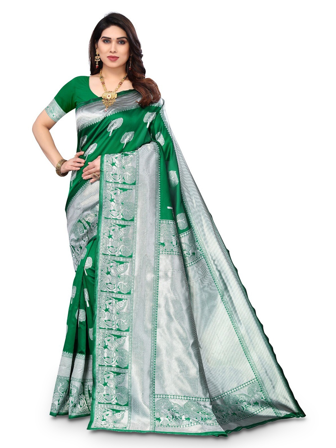

DIVASTRI Ethnic Motifs Woven Design Zari Silk Cotton Banarasi Saree, Green