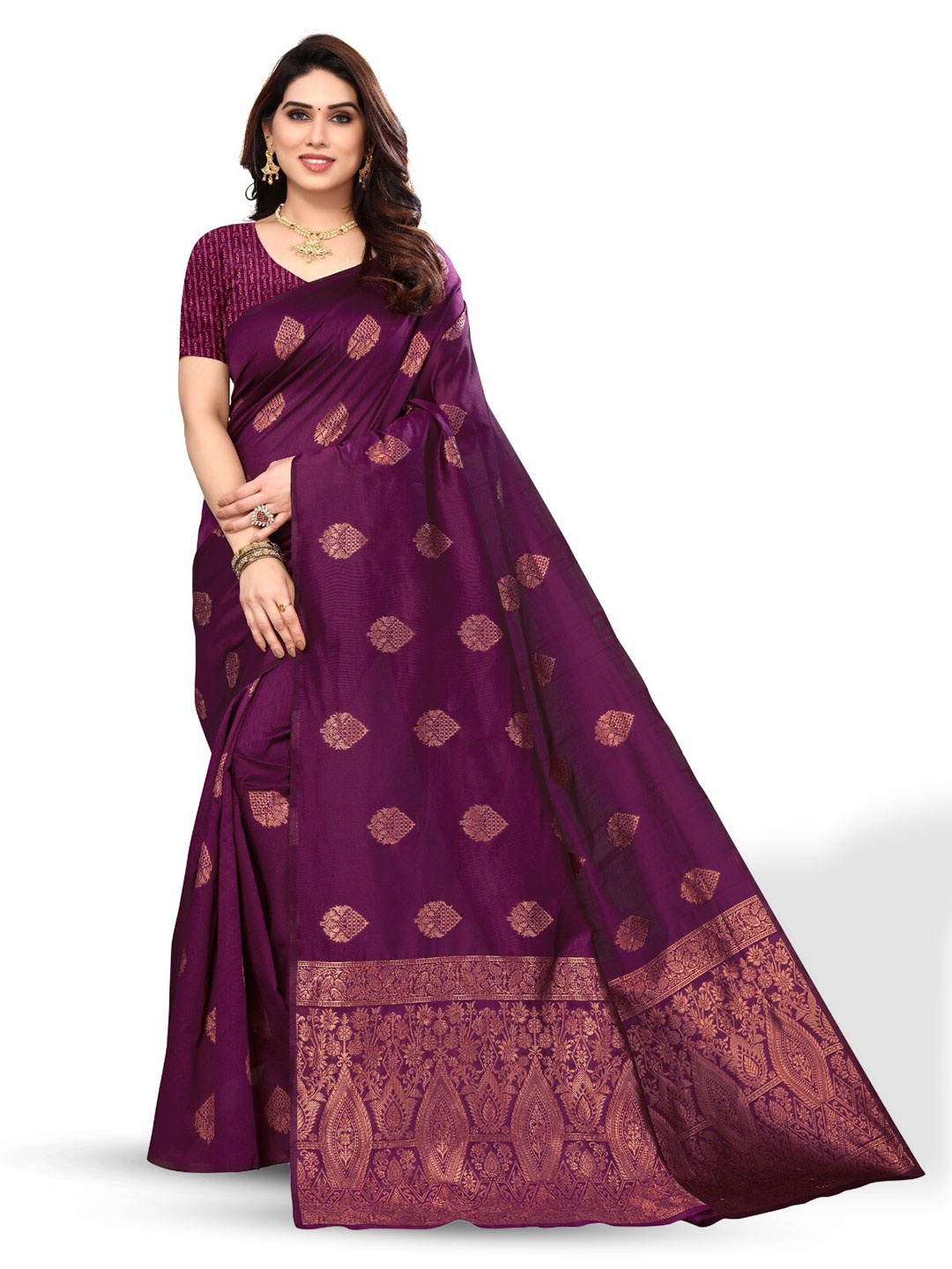 

DIVASTRI Woven Design Zari Silk Blend Banarasi Saree, Purple