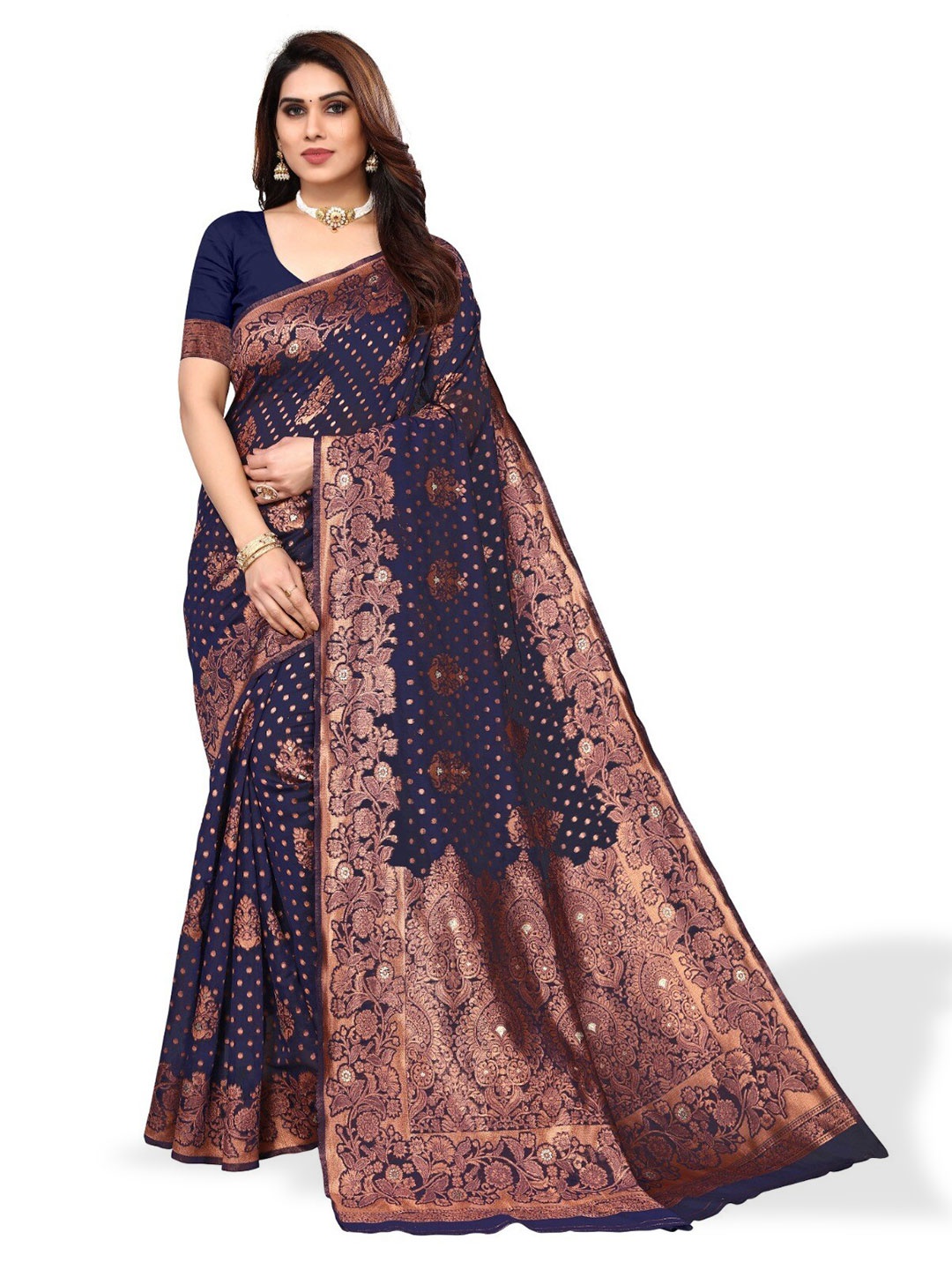 

DIVASTRI Woven Design Zari Silk Cotton Banarasi Saree, Navy blue