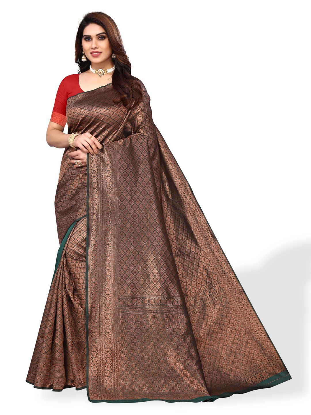 

DIVASTRI Woven Design Zari Silk Cotton Banarasi Saree, Copper