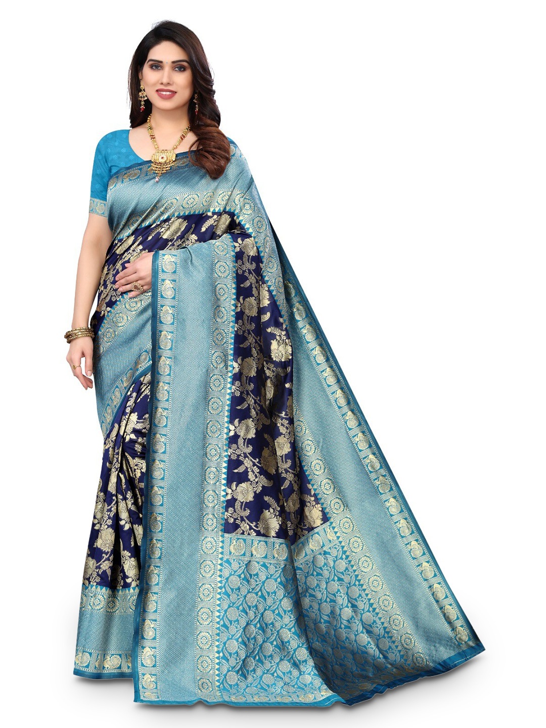 

DIVASTRI Woven Design Zari Silk Cotton Banarasi Saree, Navy blue
