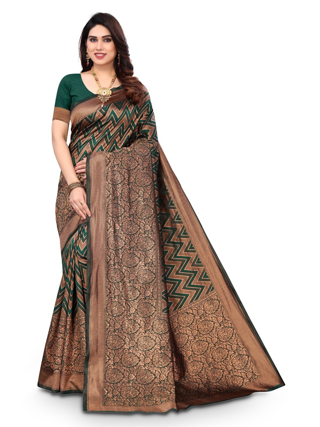 

DIVASTRI Geometric Woven Design Zari Silk Cotton Banarasi Saree, Green