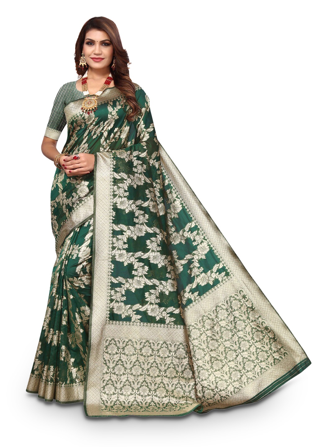 

DIVASTRI Floral Woven Design Zari Silk Cotton Banarasi Saree, Green