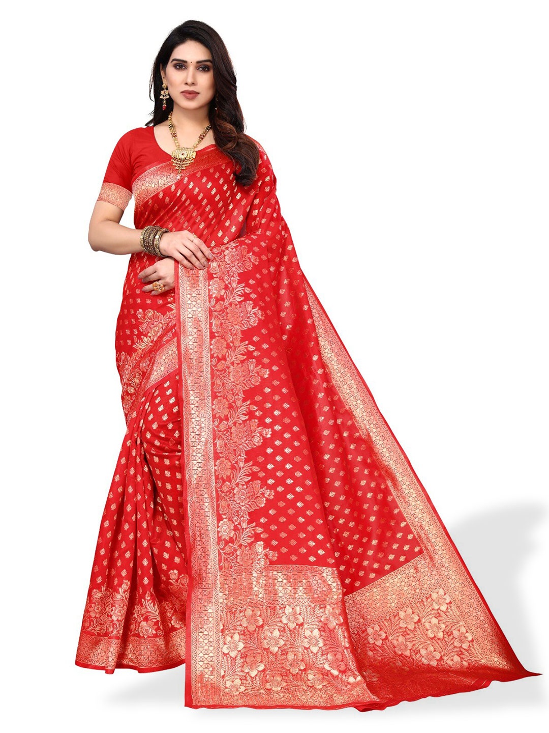 

DIVASTRI Woven Design Zari Silk Cotton Banarasi Saree, Red