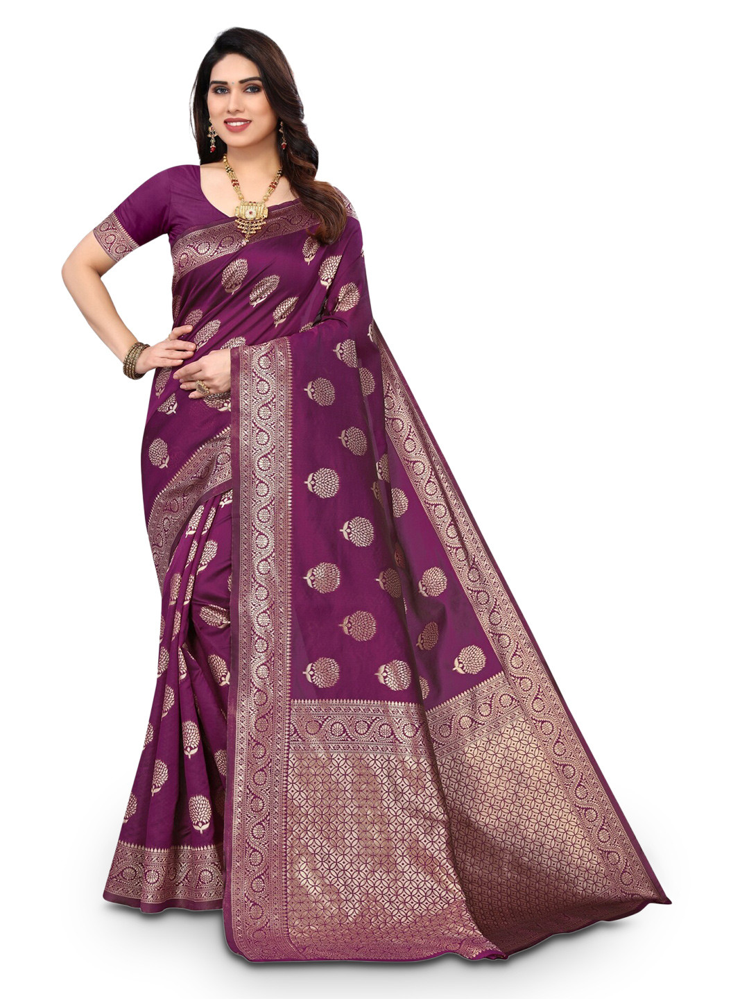 

DIVASTRI Floral Woven Design Zari Silk Cotton Banarasi Saree, Purple