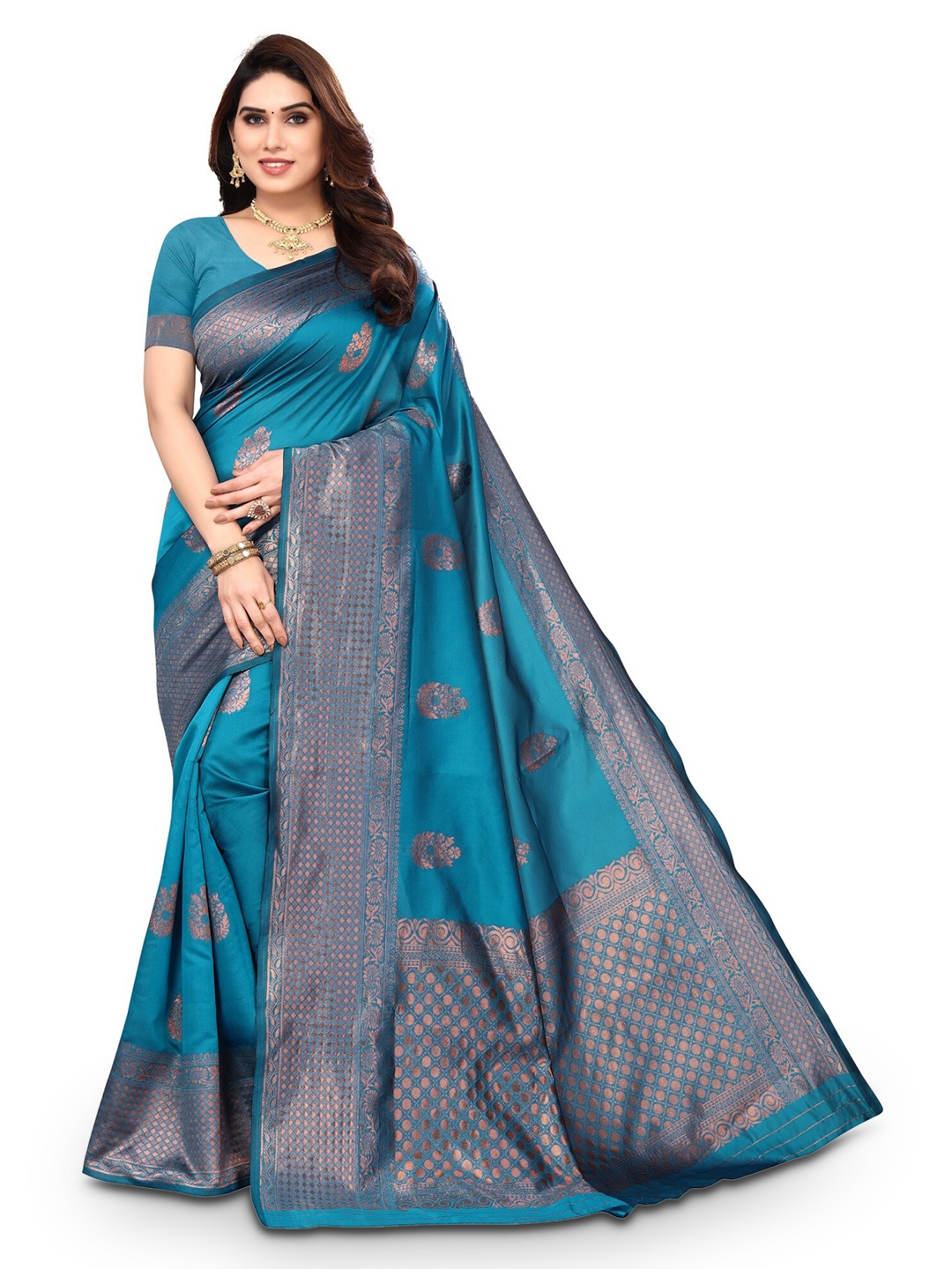

DIVASTRI Woven Design Zari Silk Blend Banarasi Saree, Blue