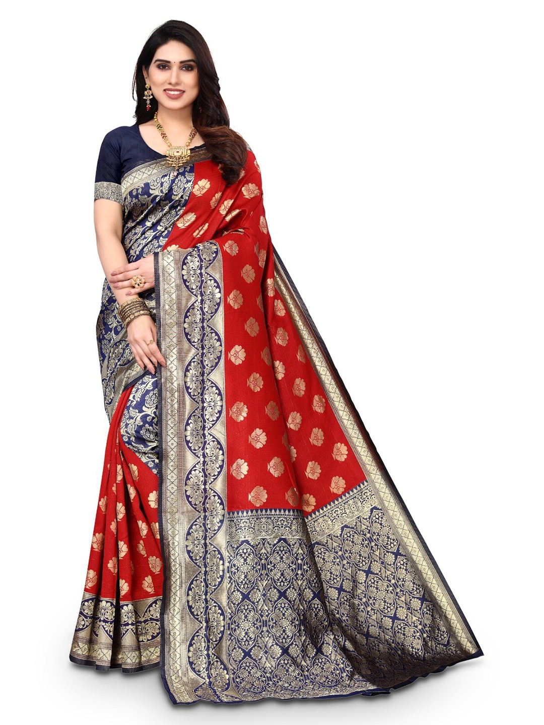 

DIVASTRI Ethnic Motif Woven Design Zari Silk Cotton Banarasi Saree, Red