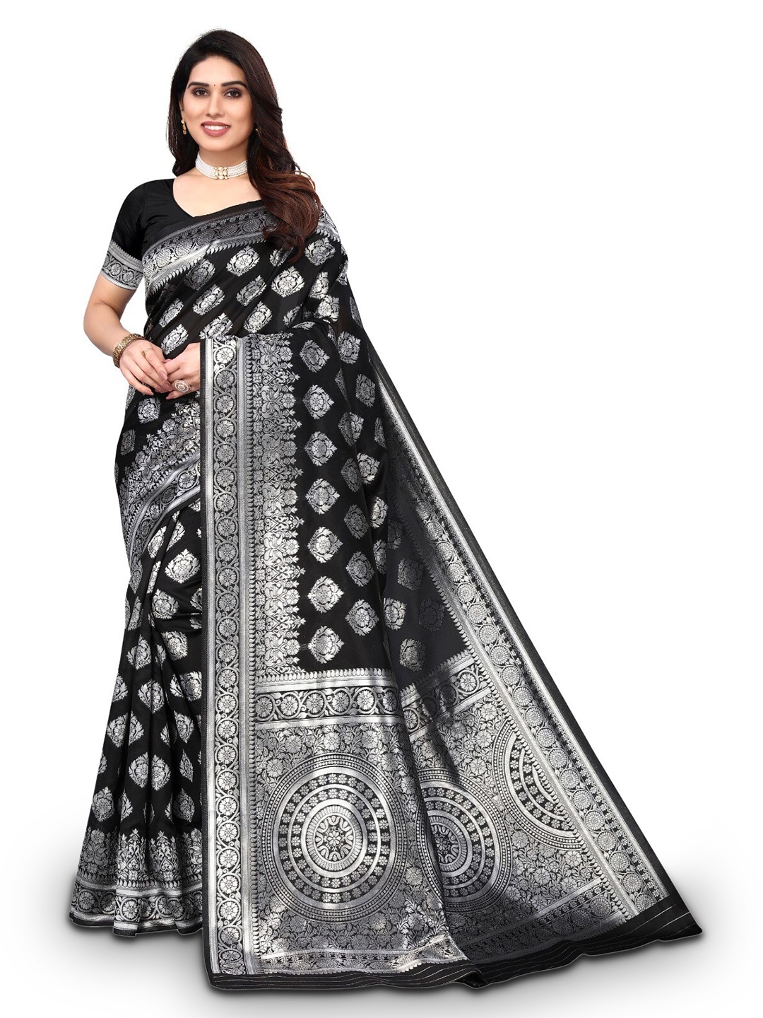 

DIVASTRI Ethnic Motif Woven Design Zari Silk Cotton Banarasi Saree, Black