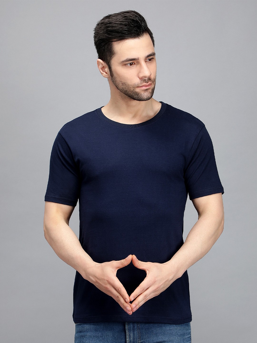 

TRENDY RABBIT Round Neck Cotton T-shirt, Navy blue