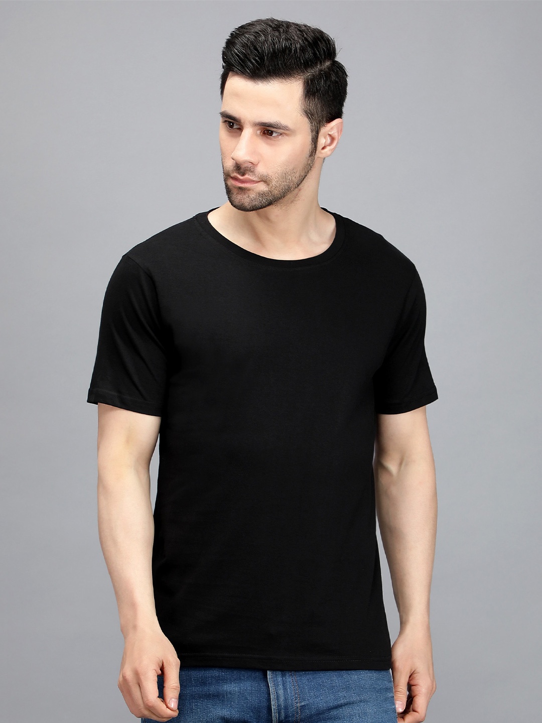 

TRENDY RABBIT Round Neck Cotton T-shirt, Black