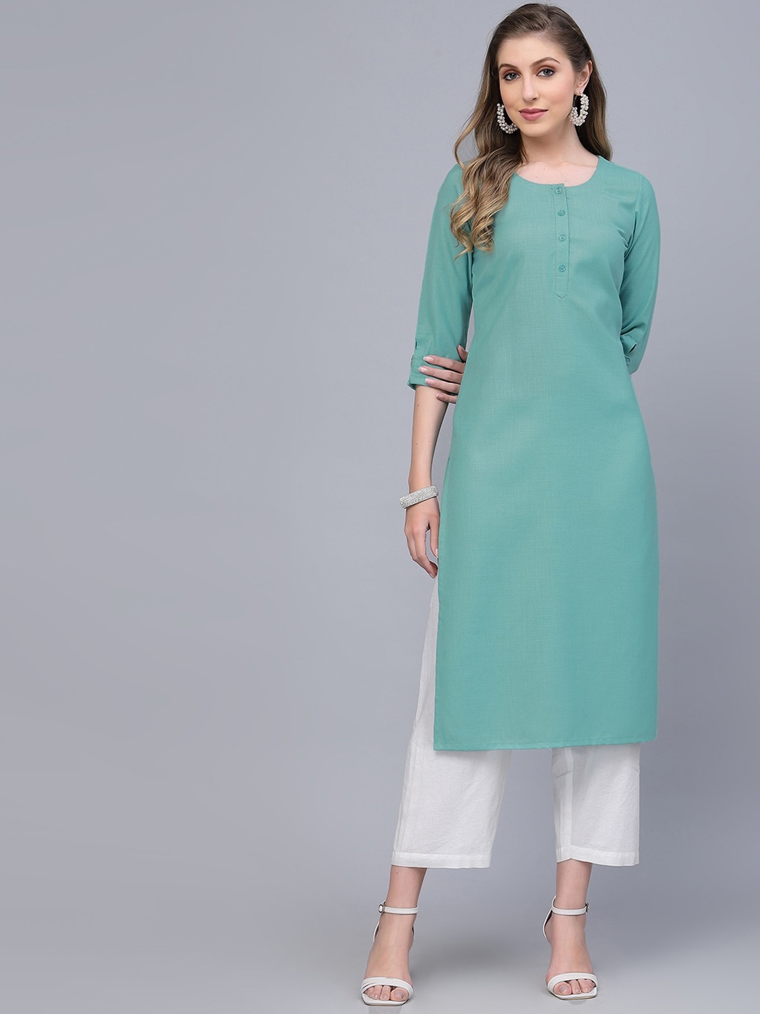 

KALINI Round Neck Straight Cotton Kurta, Sea green