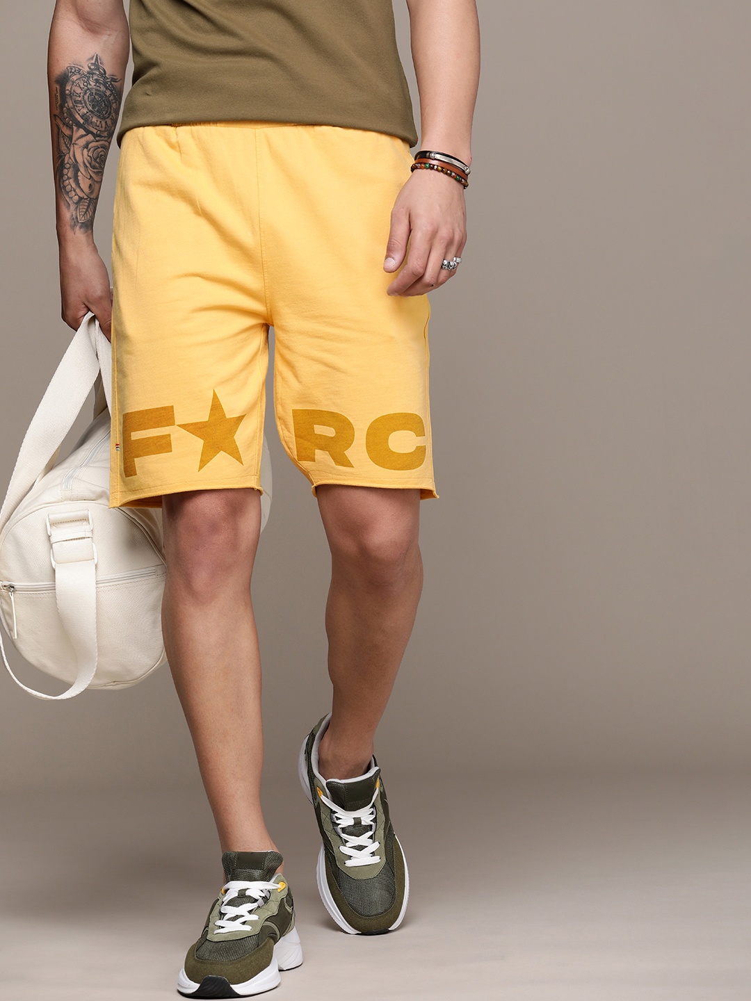 FORCE IX Men Pure Cotton Brand Logo Printed Shorts, Yellow
