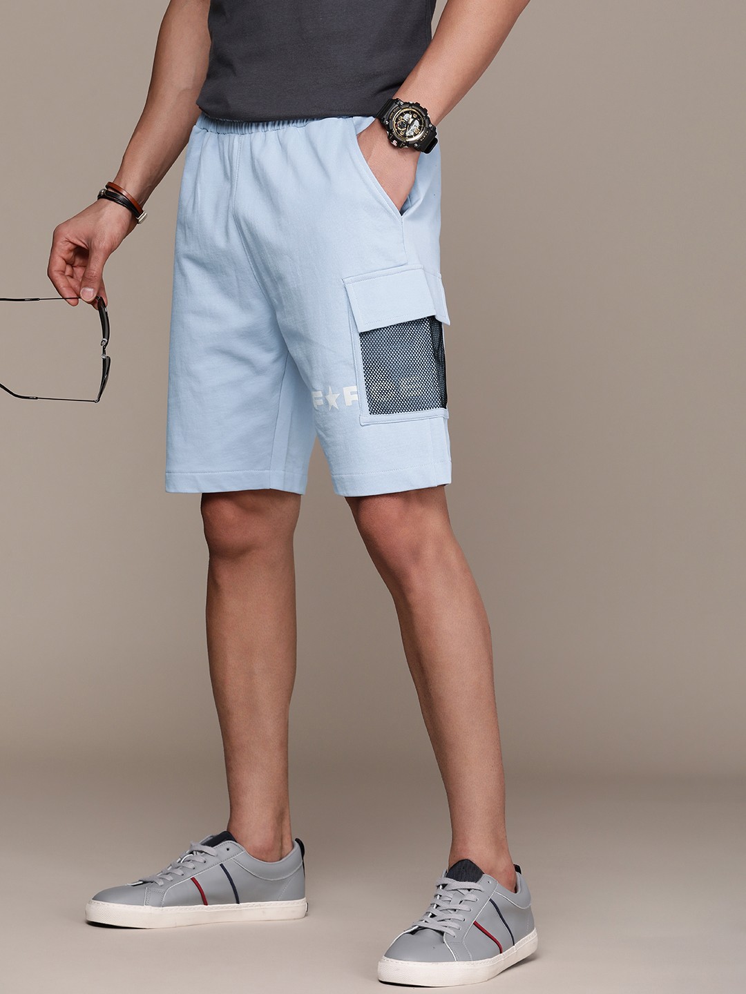 

FORCE IX Men Solid Mid-Rise Pure Cotton Cargo Shorts, Blue