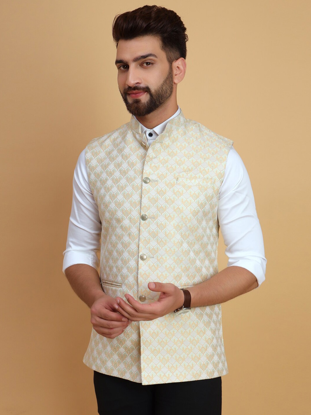 

Vandnam Fabrics Mandarin Collar Woven Design Nehru Jacket, Cream