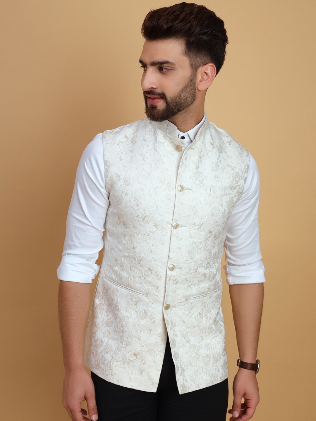 

Vandnam Fabrics Mandarin Collar Woven Design Nehru Jacket, White