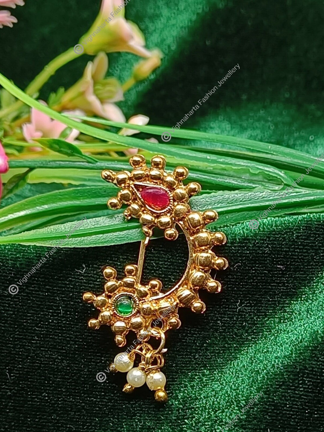 

Vighnaharta Gold-Plated Stone-Studded & Pearl beaded Nosepin