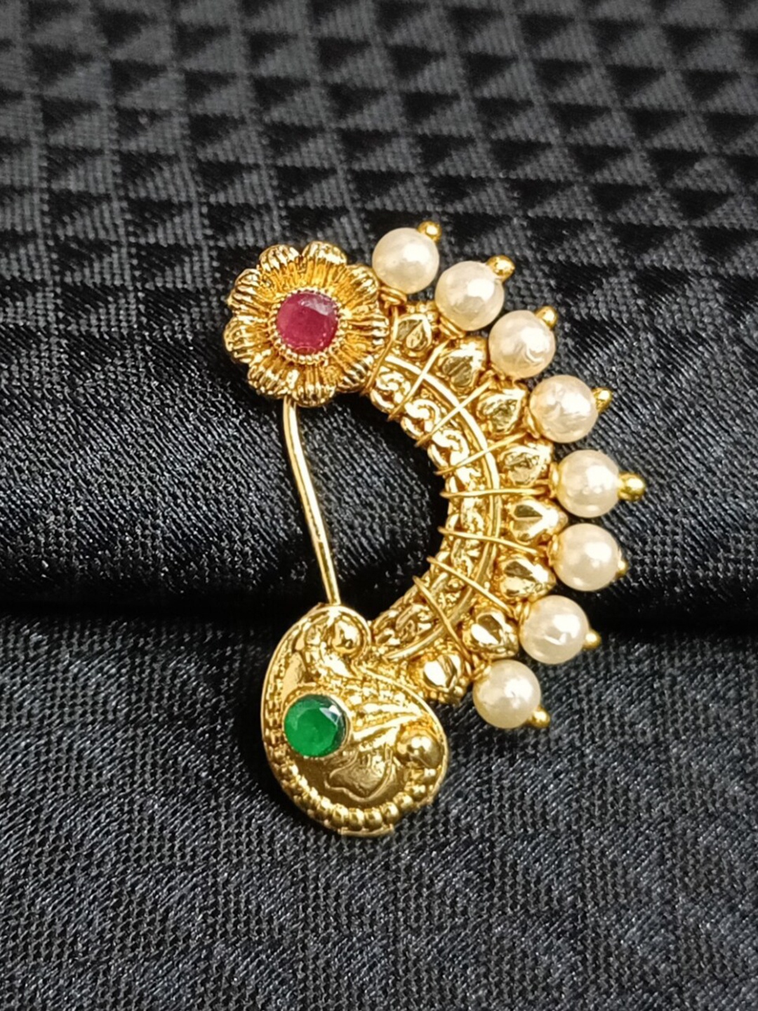 

Vighnaharta Gold-Plated Stone-Studded & Pearl beaded Nosepin