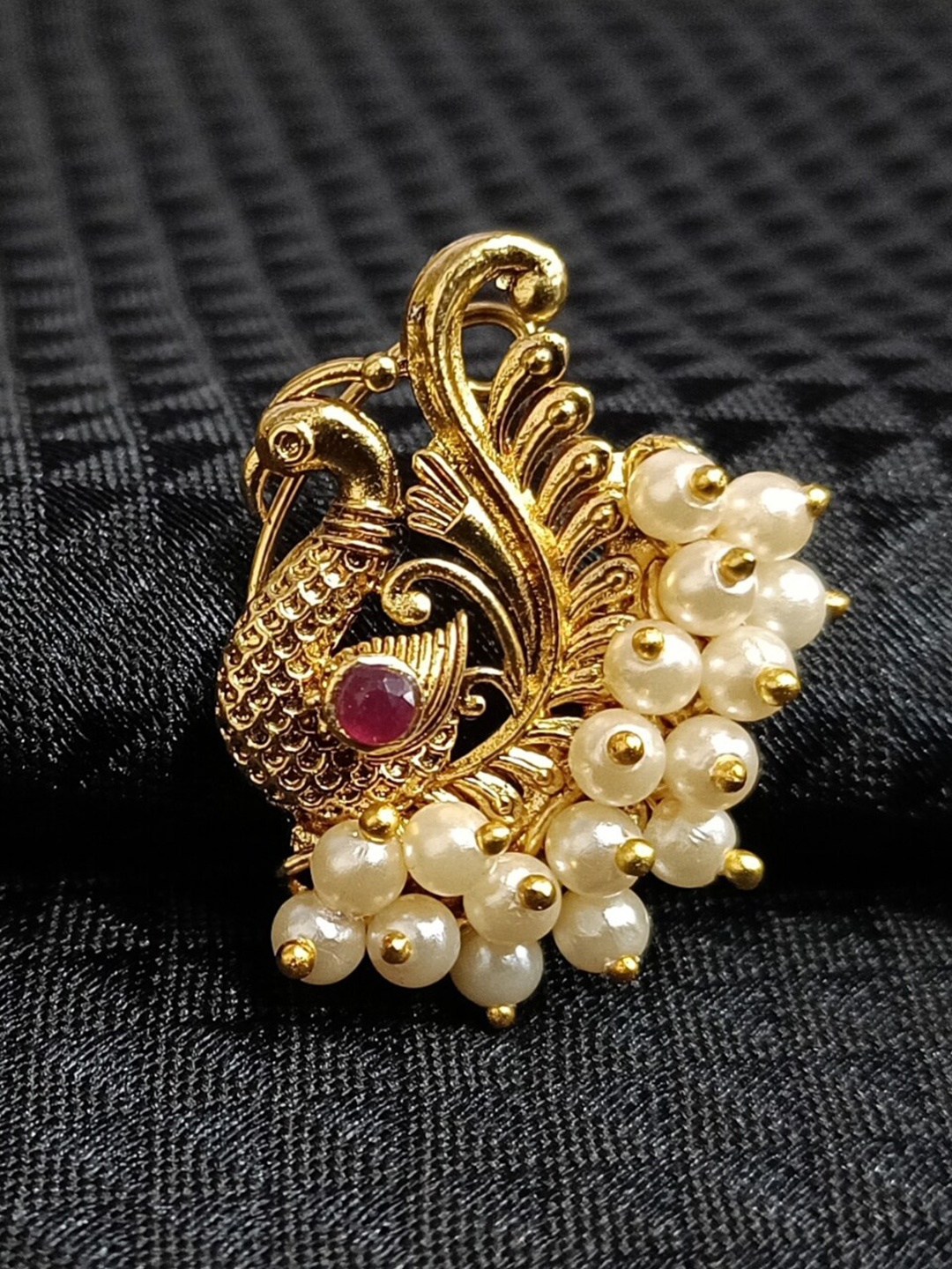 

Vighnaharta Gold-Plated Stone-Studded & Pearl beaded Nosepin, Red