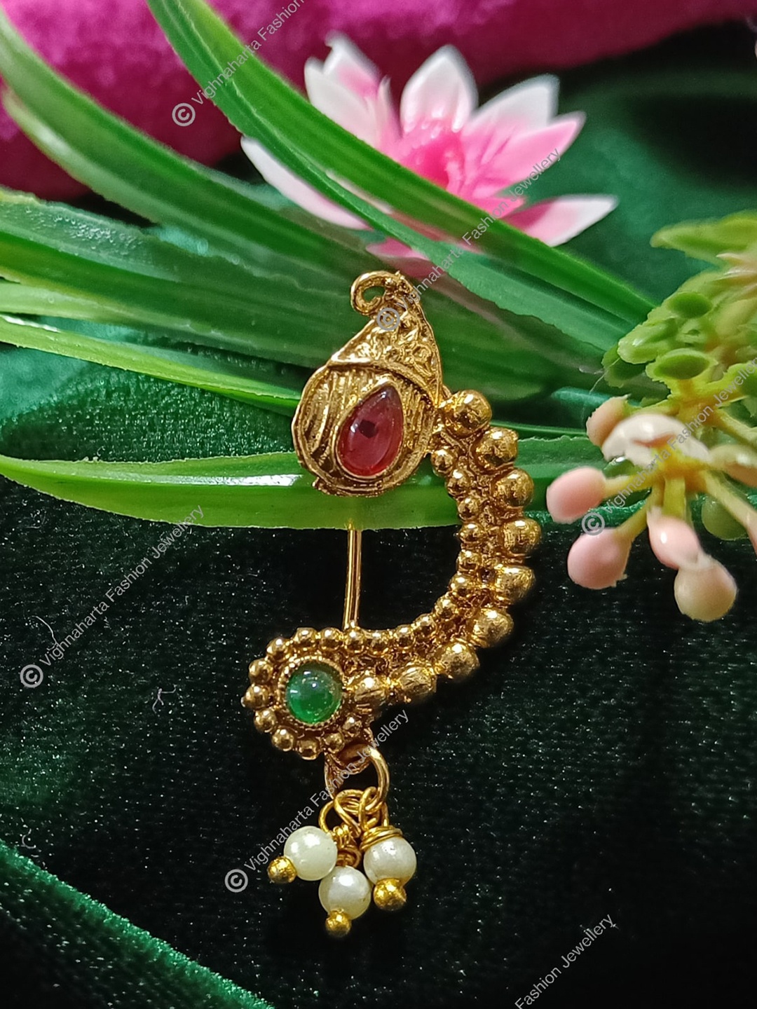

Vighnaharta Gold-Plated Stone-Studded & Pearl beaded Nosepin