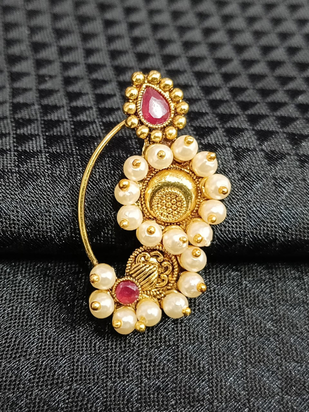 

Vighnaharta Gold-Plated Stone-Studded & Pearl beaded Nosepin, Red