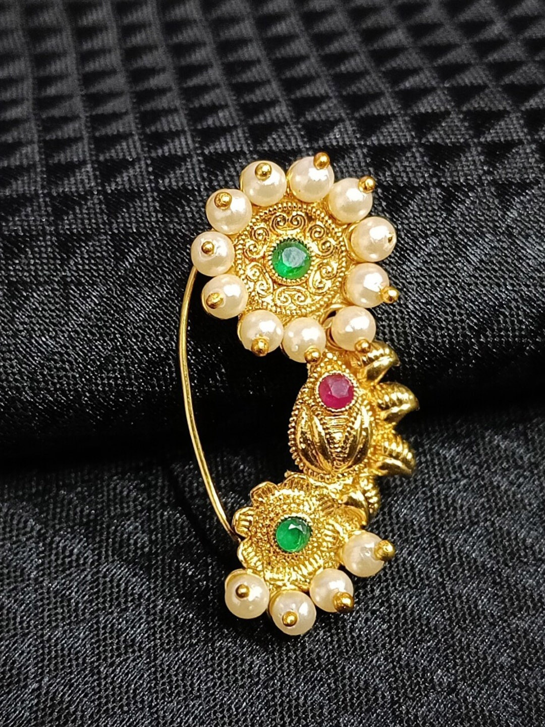 

Vighnaharta Gold-Plated Stone-Studded & Pearl beaded Nosepin