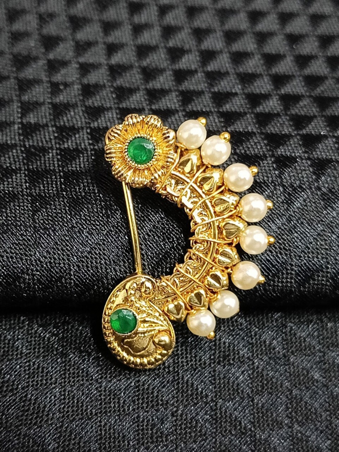 

Vighnaharta Gold-Plated Stone-Studded & Pearl beaded Nosepin