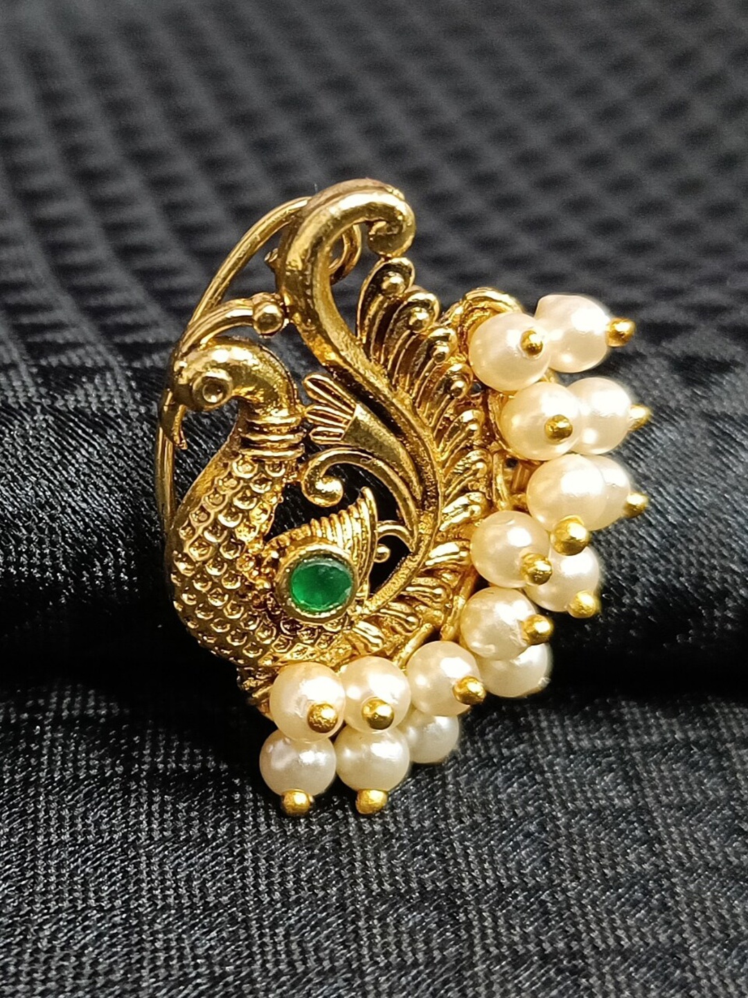 

Vighnaharta Gold-Plated Stone-Studded & Pearl beaded Nosepin
