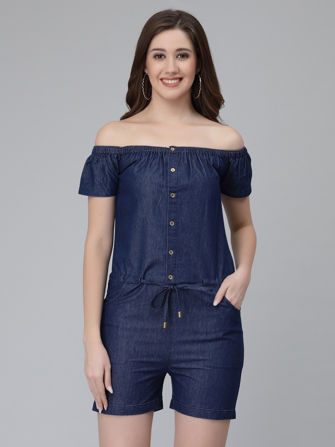 

Wool Trees Off-Shoulder Denim Jumpsuit, Navy blue