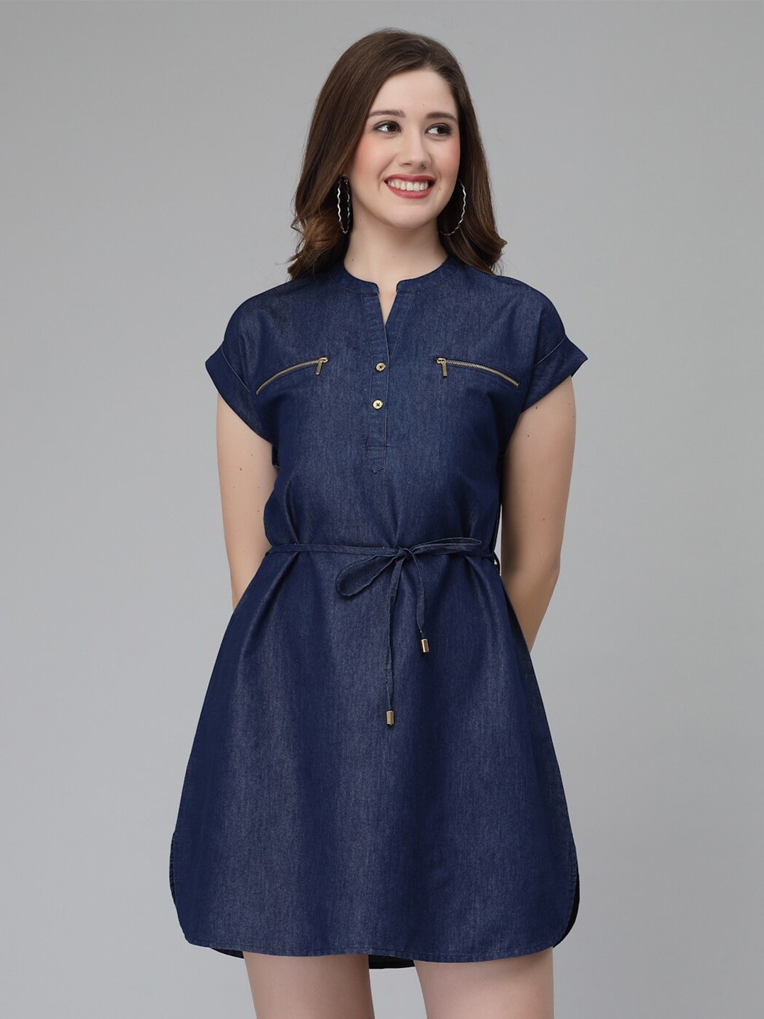 

Wool Trees Mandarin Collar Extended Sleeves Belted Cotton A-line Dress, Navy blue