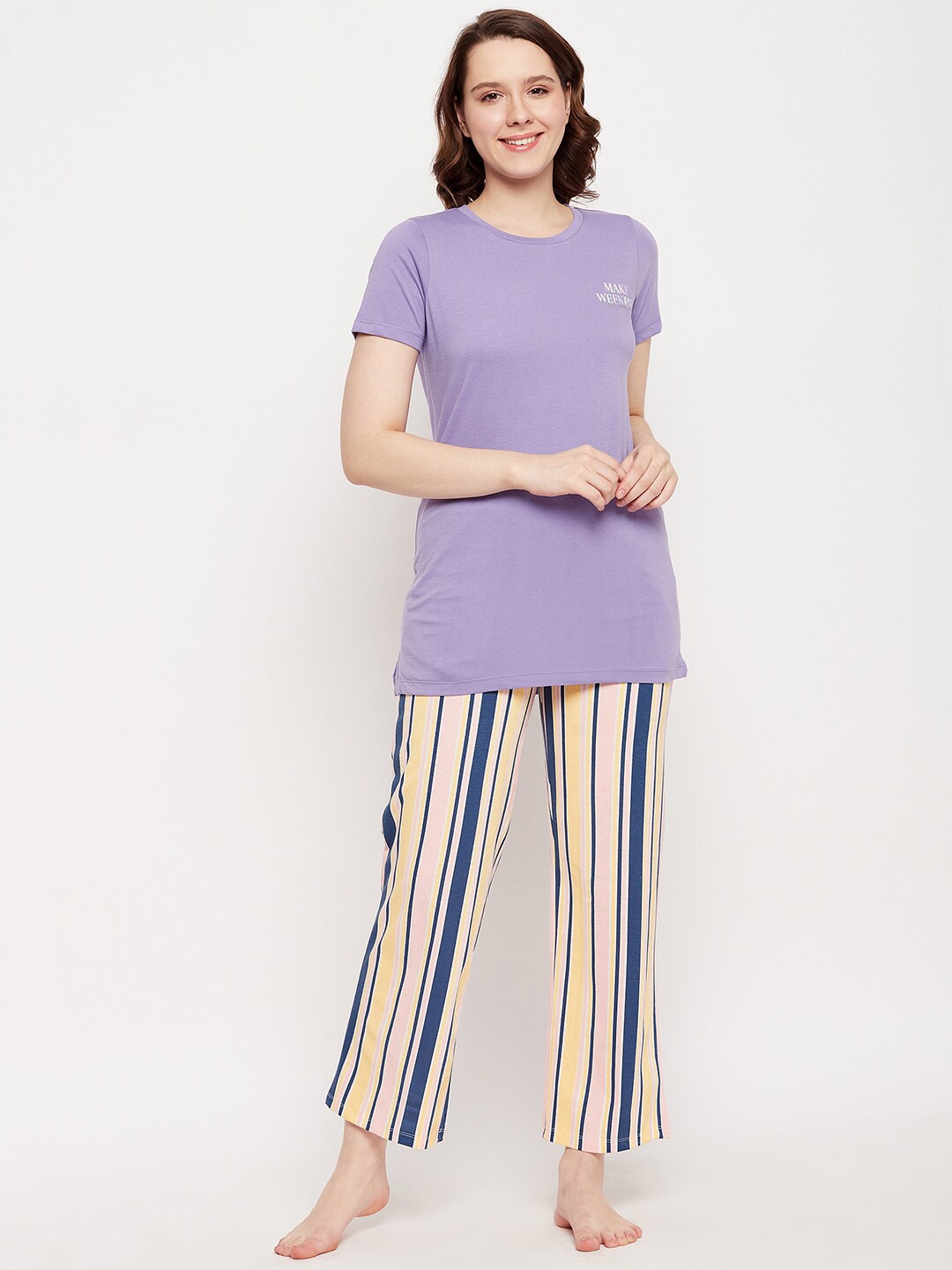 

MADAME M SECRET Striped Pure Cotton Night suit, Purple