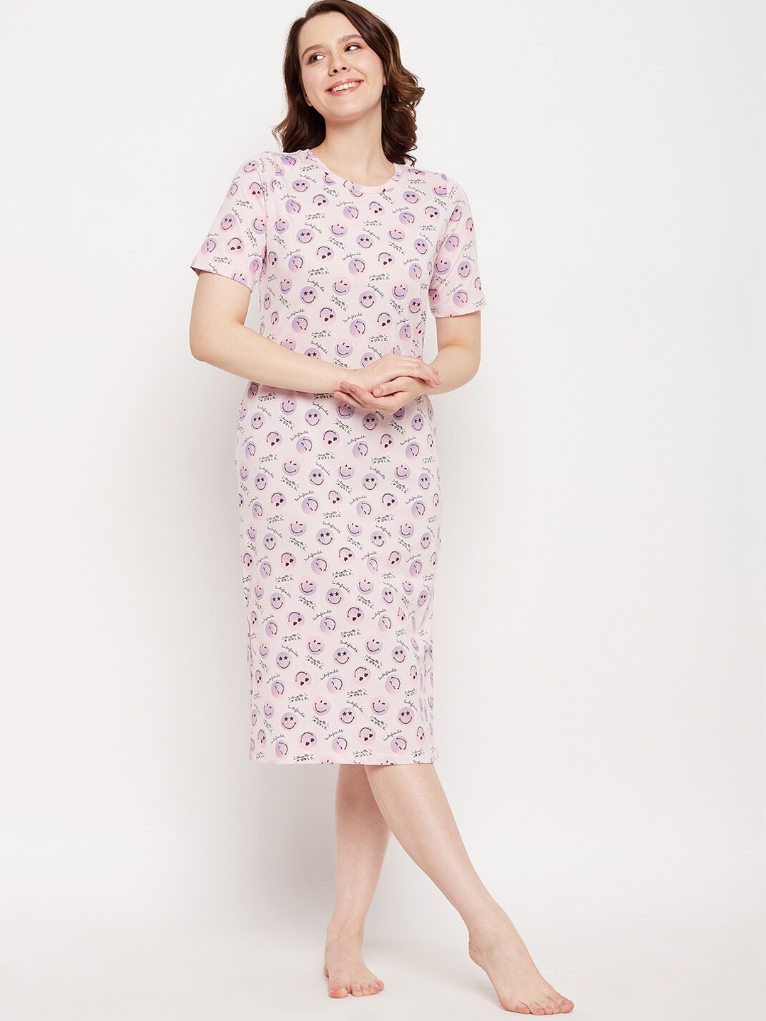 

MADAME M SECRET Printed Pure Cotton T-Shirt Nightdress, Pink